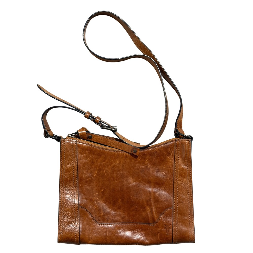 Frye Leather Crossbody Bag Womens Medium Cognac Brown Distressed Zip Top